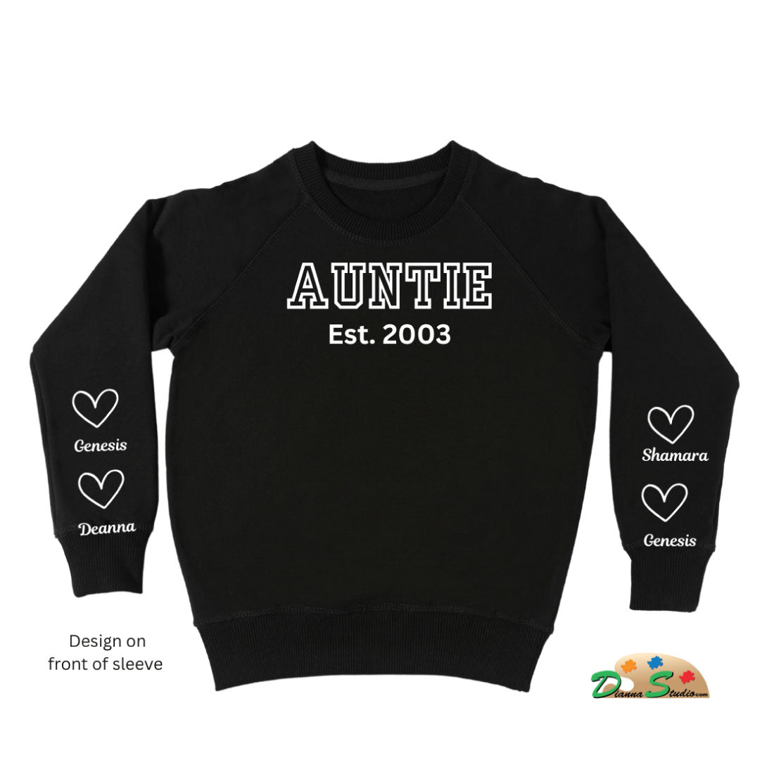 Established Auntie black sweatshirt with kids name on sleeves in white