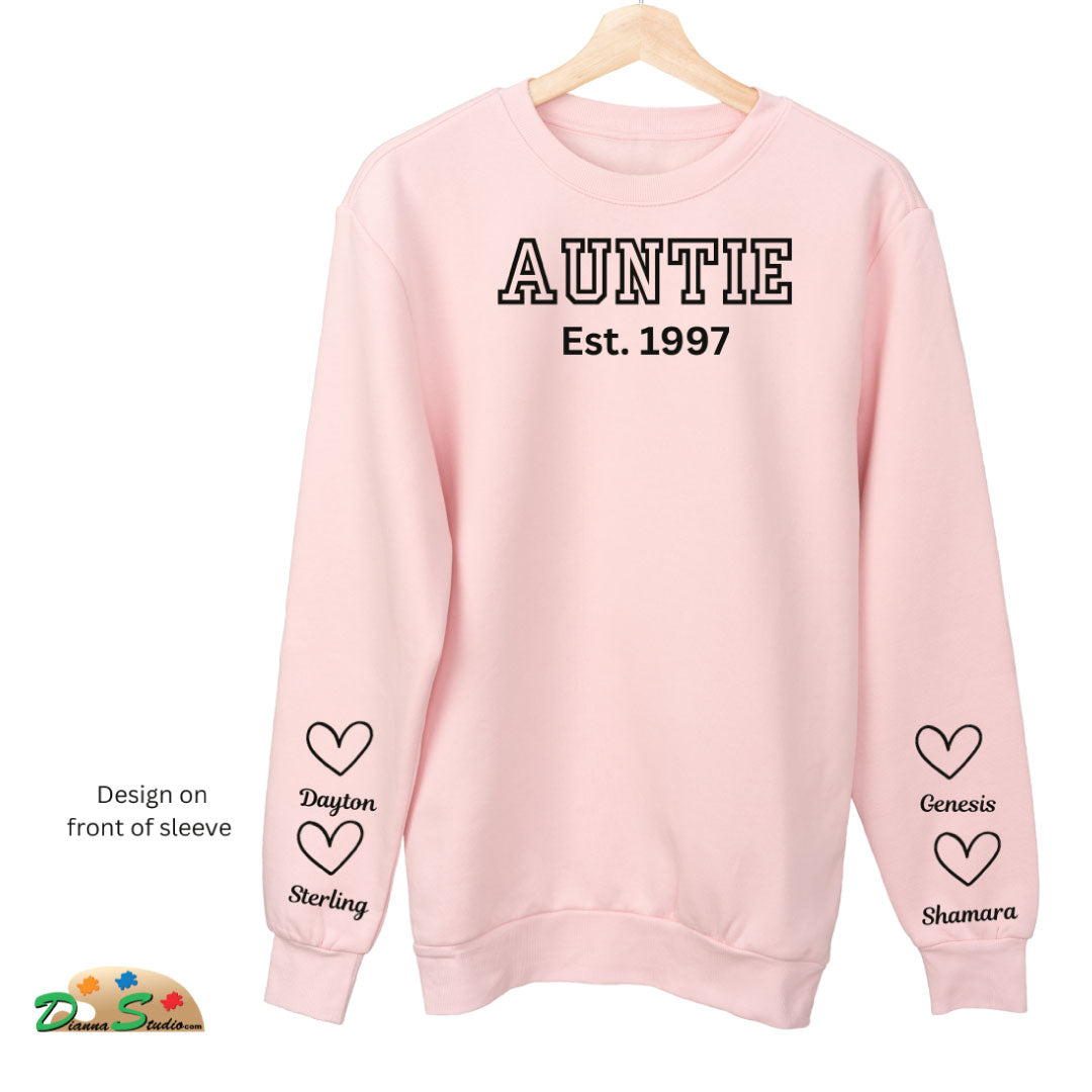 Established Auntie pink sweatshirt with kids name on sleeves in black