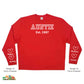 Established Auntie red sweatshirt with kids name on sleeves in white