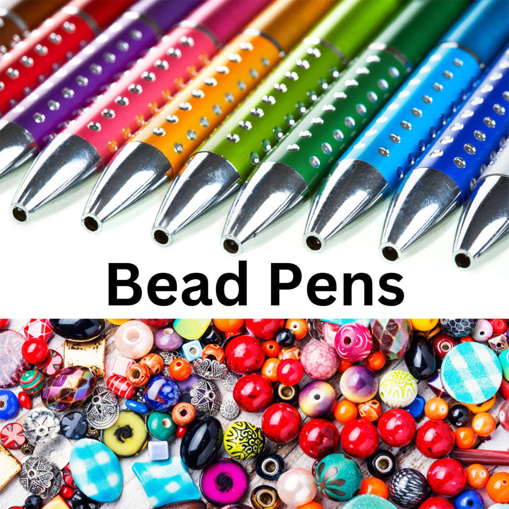 Decorative beadable pens and colorful beads for creating custom handmade pens.