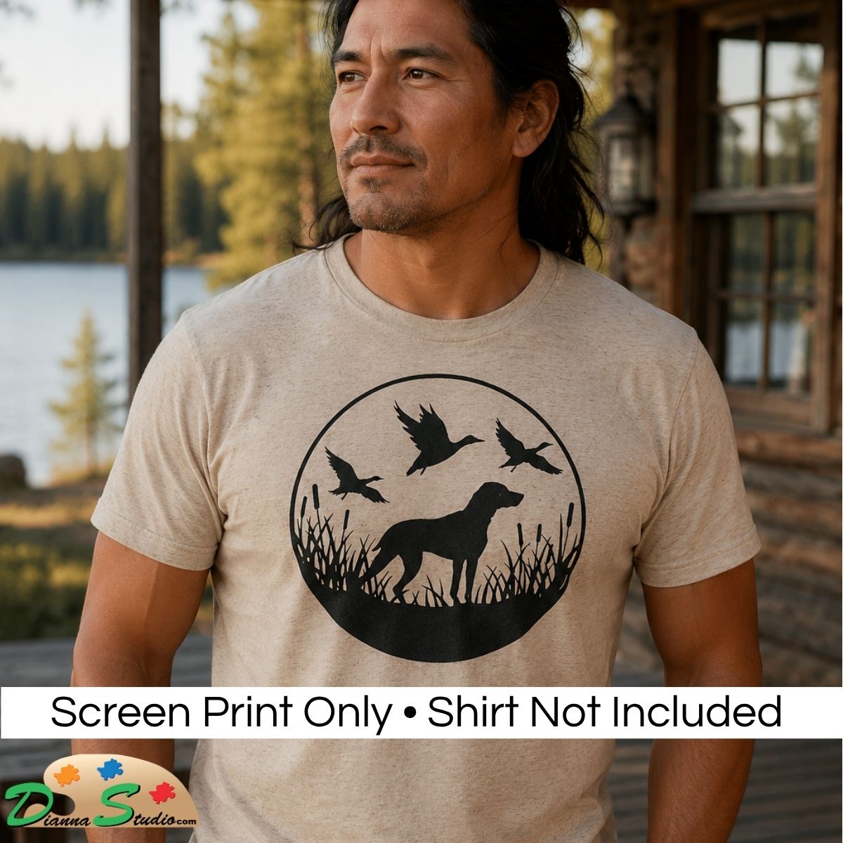 A man wearing a light beige t-shirt with a black circular graphic of a dog and three flying ducks. A white banner at the bottom reads 'Screen Print Only • Shirt Not Included' with a 'DiannaStudo logo.