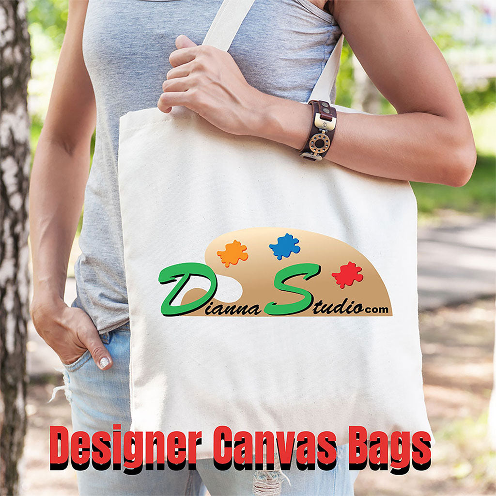 Person carrying a custom printed canvas tote bag featuring a colorful Dianna Studio design.