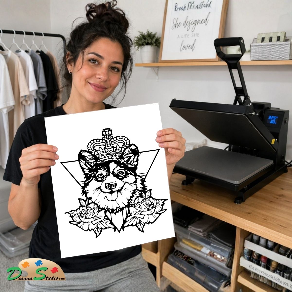 A woman holds up a black and white line art print of a dog wearing a crown and surrounded by flowers, with a heat press machine on a wooden table in the background.