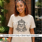 A woman wearing a light beige graphic t-shirt with a black line art design of a Corgi dog wearing a crown and surrounded by flowers. A white banner at the bottom reads 'Screen Print Only • Shirt Not Included' with a 'DiannaStudio ' logo in the corner.