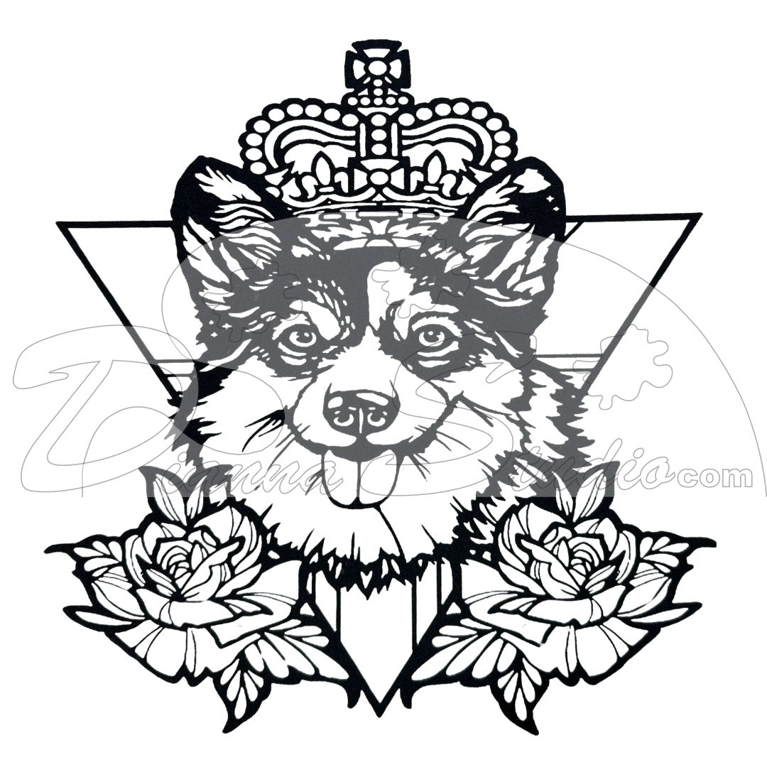 Corgi wearing a crown with flowers below black screen print