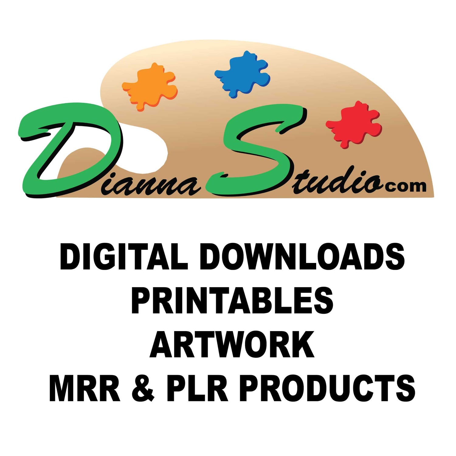 logo on top, listed products below, digital downloads, printable, artwork, MRR and PLR products