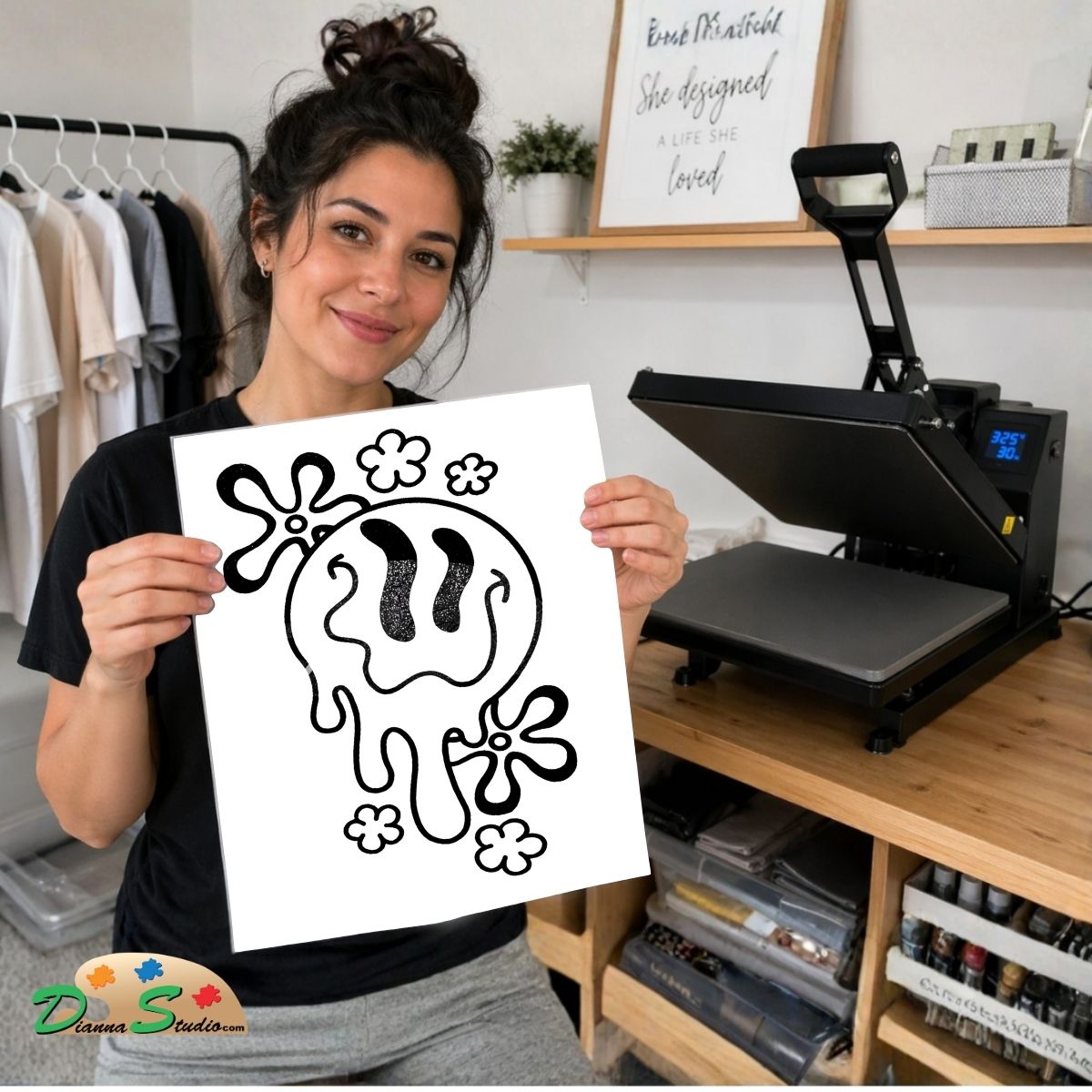 A woman holds up a white transfer sheet featuring a black dripping smiley face design with flowers, standing in front of a heat press machine in a craft room. A 'Design Studio' watermark is visible in the bottom-left corner.
