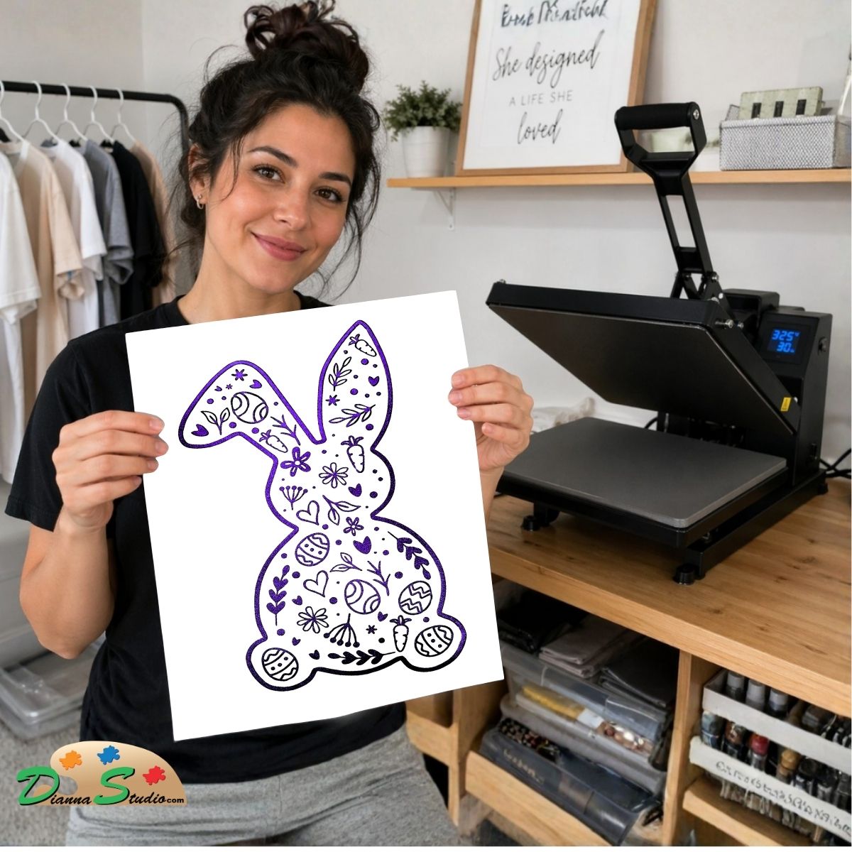 A woman holds up a white print featuring a purple and black bunny outline filled with decorative doodles, standing in a craft room next to a heat press machine.