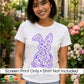 A woman wearing a white t-shirt with a purple bunny graphic, standing in a garden. A text banner at the bottom reads 'Screen Print Only • Shirt Not Included' with a 'Designs by DiannaStudio logo.