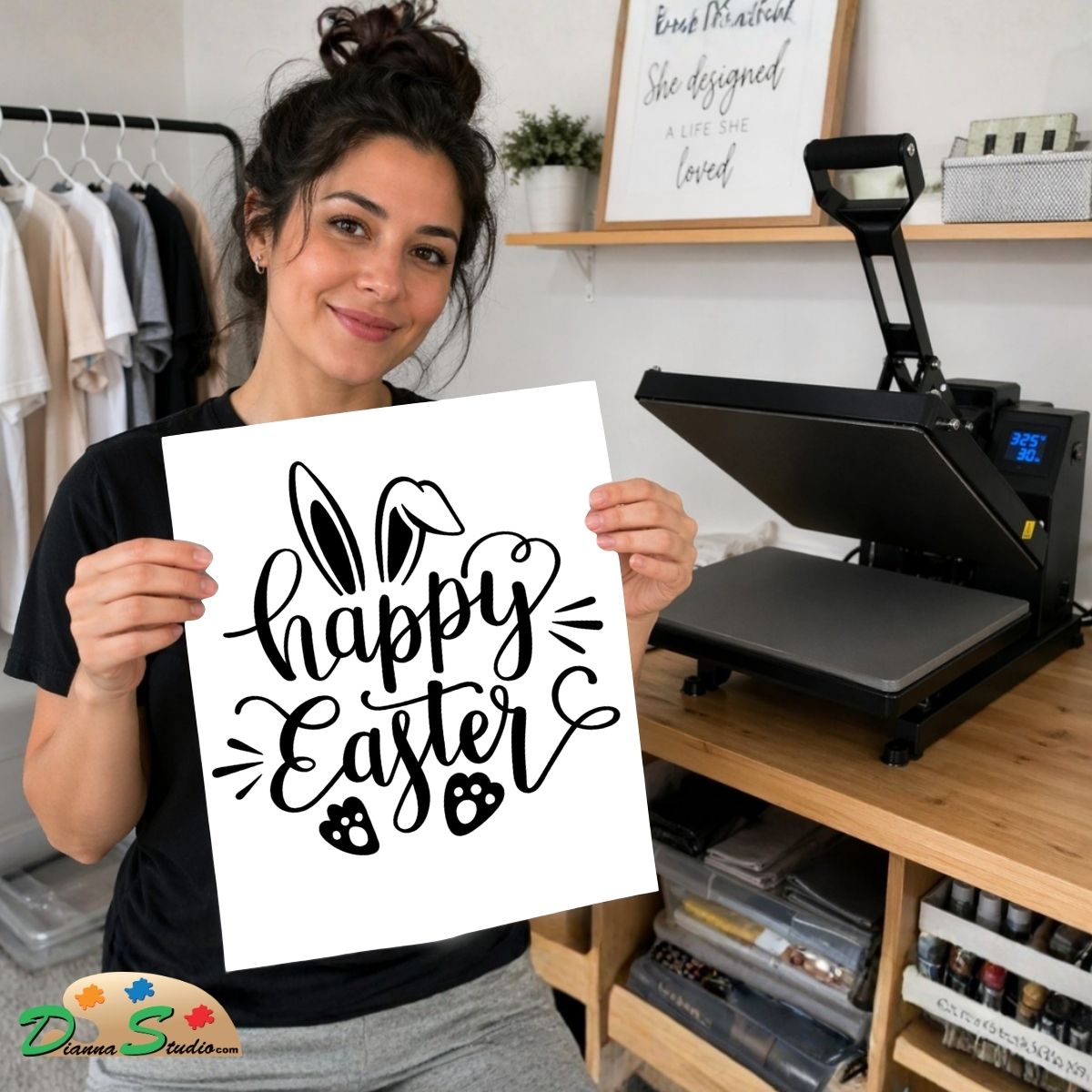 A woman holds up a white square print featuring black hand-lettered text reading 'Happy Easter' with bunny ears and Easter egg illustrations. Behind her is a heat press machine on a wooden table in a craft room setting.