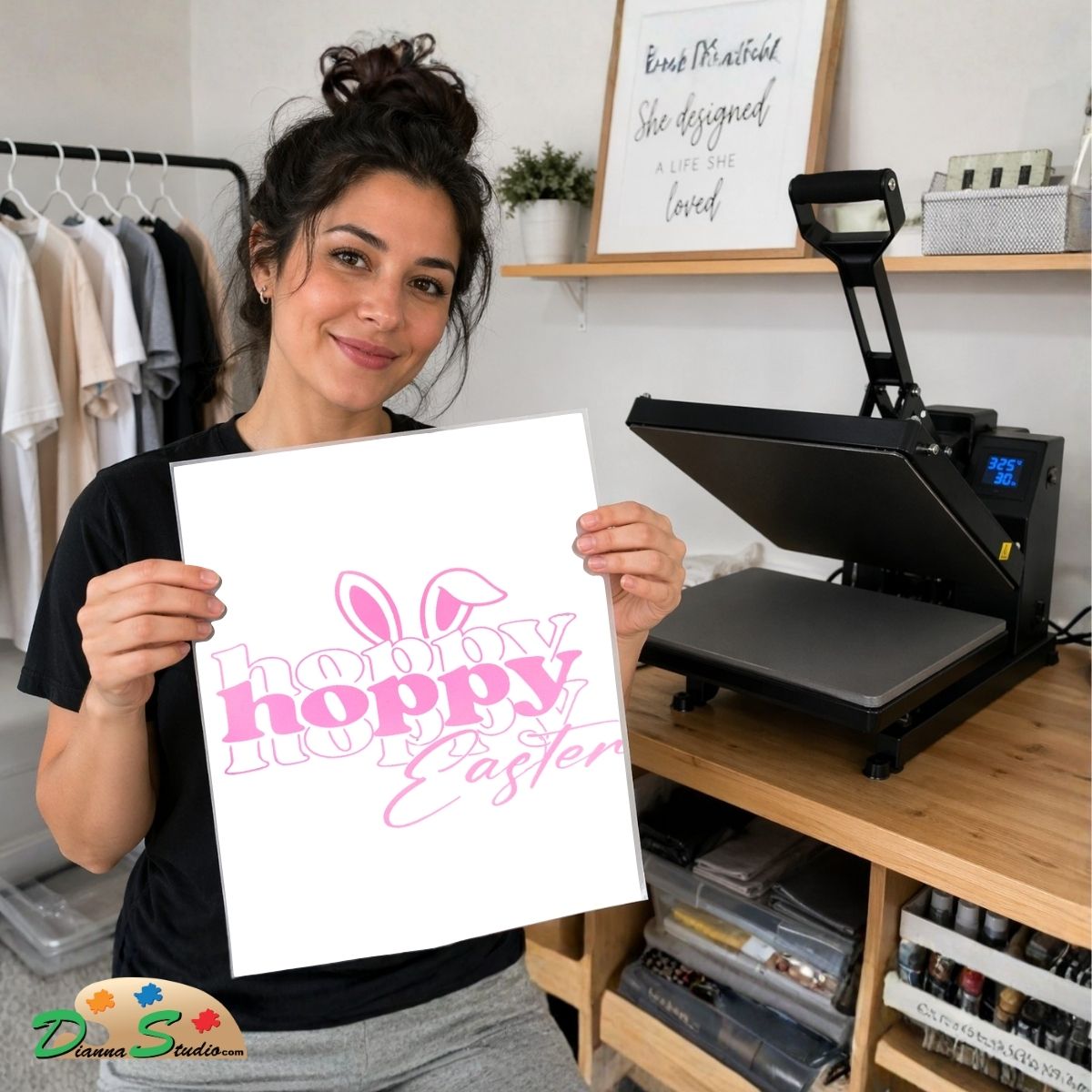 A woman holds up a white square print featuring pink text that reads 'hoppy hoppy Easter' with bunny ears, in front of a wooden craft room setup with a heat press machine.