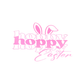 Pink 'hoppin' Easter' text graphic with bunny ears on a plain white background.