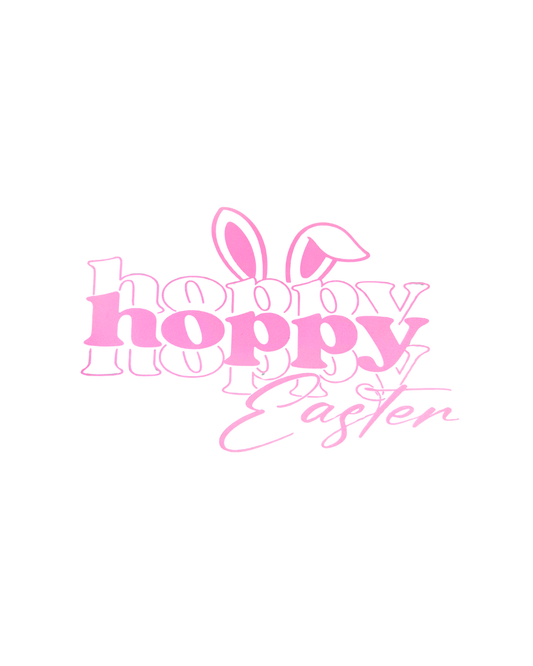 Pink 'hoppin' Easter' text graphic with bunny ears on a plain white background.