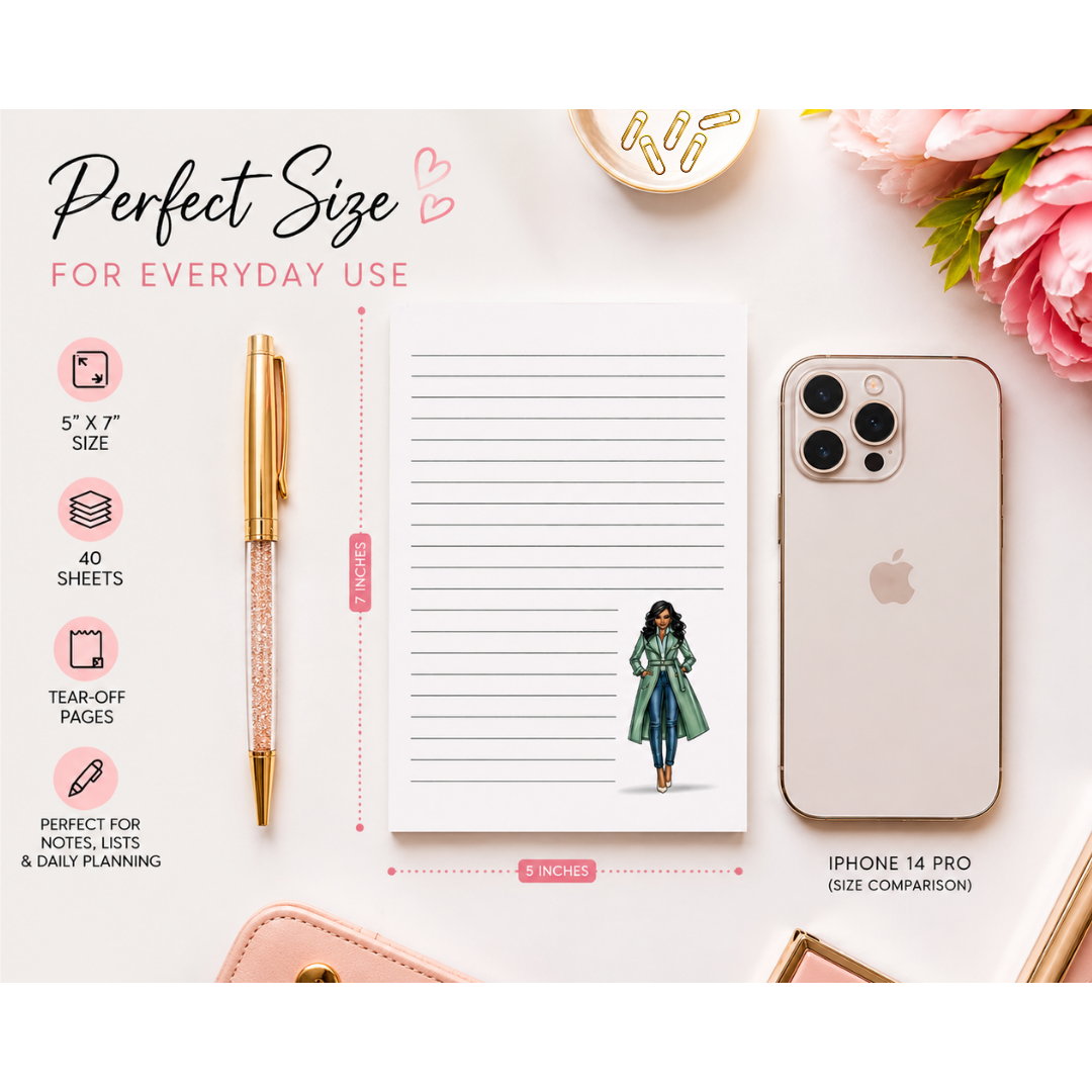 Notebook with pen, phone, and flowers on a white surface with size comparison text.