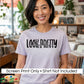 A smiling woman stands in a record store wearing a light lavender-gray t-shirt with a black screen-printed graphic that reads 'LOOK PRETTY' and 'Play Dirty' in script on top. A white banner at the bottom reads 'Screen Print Only • Shirt Not Included' and shows the 'DiannaStudio' logo.