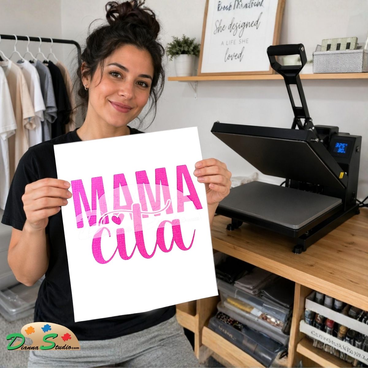 A woman holds up a white square print featuring the text 'MAMA cita' in hot pink  lettering. She is standing in a craft room with a heat press machine on a wooden table behind her.