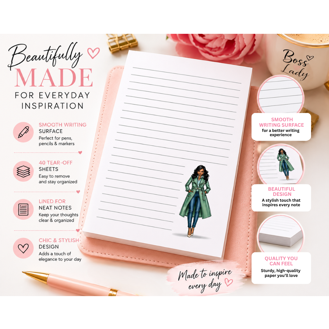 Notebook with a design of a woman in a green coat, surrounded by promotional text and images on a pink surface.