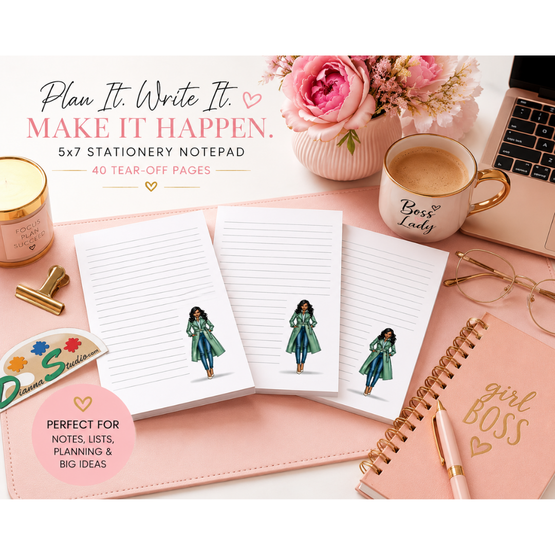 Stationery set with notebooks, a mug, and decorative items on a desk.