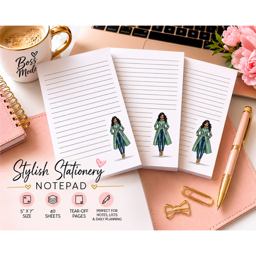 Stylish stationery notepad with a pen and coffee cup on a desk