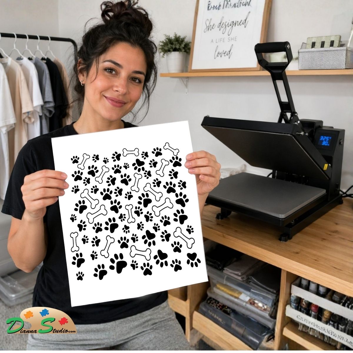 A woman holds up a white sheet featuring black dog-themed silhouettes like bones, hearts, and paw prints, with a heat press machine on a wooden desk in the background.