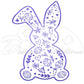 Outline of floppy ear bunny rabbit with outline designs of carrots, leaves, flowers, hearts and easter eggs on inside, purple screen print