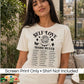 A woman wearing a cream-colored t-shirt with a black graphic print that reads 'SELF LOVE BASIC RULES' “Create A Kinder Planet” followed by a list. A white banner at the bottom states 'Screen Print Only • Shirt Not Included'.