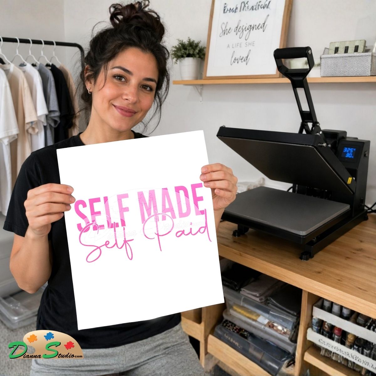 A woman holds up a white print with hot pink text reading 'SELF MADE Self Paid' in front of a hot press machine in a craft studio setting.