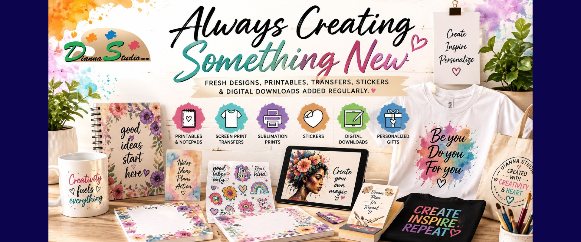 Dianna Studio creative products banner displaying digital art, printable planners, notepads, screen print transfers, stickers, sublimation prints, personalized gifts, and custom apparel.