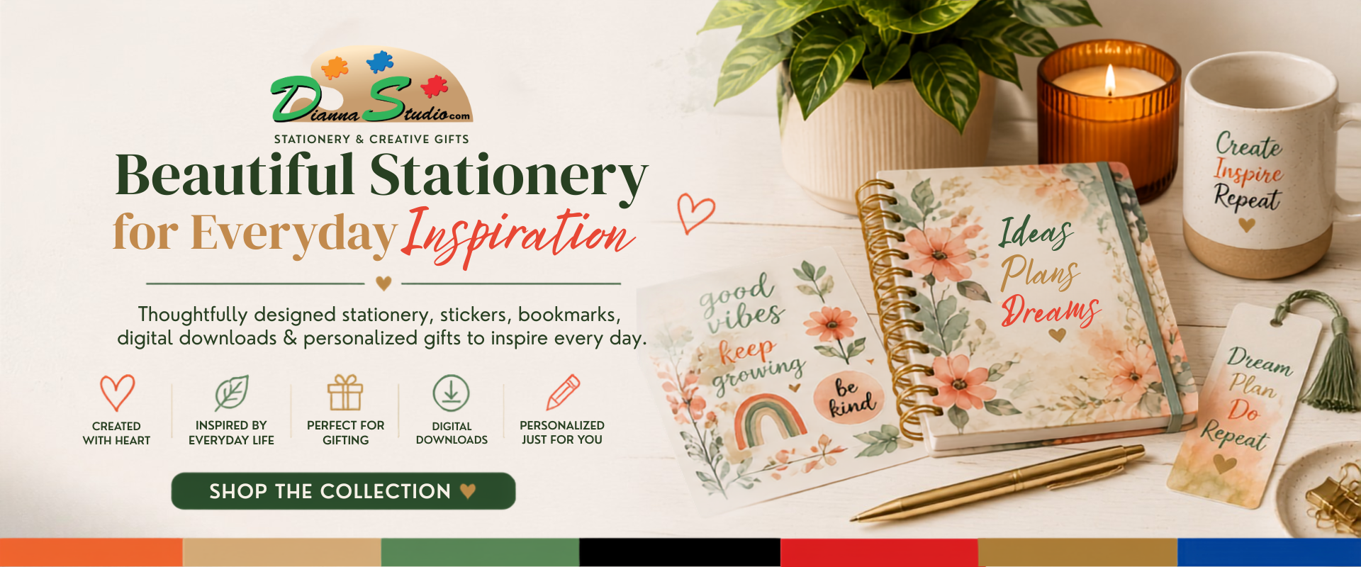 Hero banner featuring Dianna Studio stationery, bookmarks, stickers, digital downloads and  creative gifts designed to inspire everyday creativity.