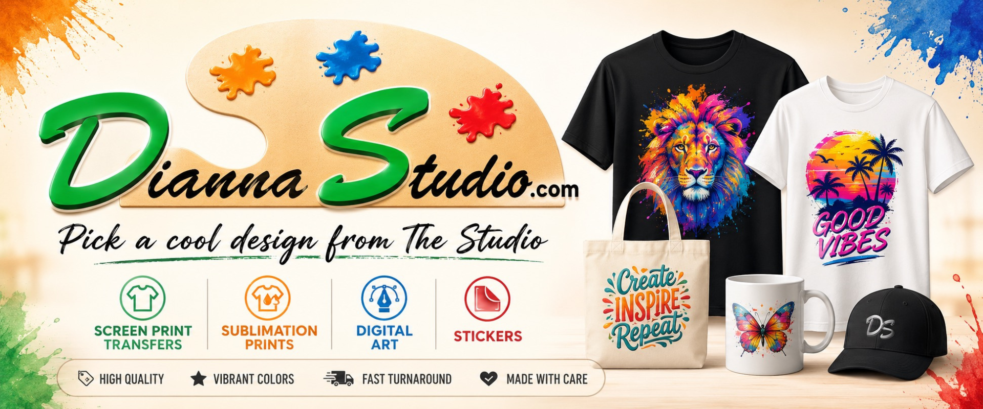 Dianna Studio homepage banner featuring custom screen print transfers, sublimation prints, digital art, stickers, and creative gifts.