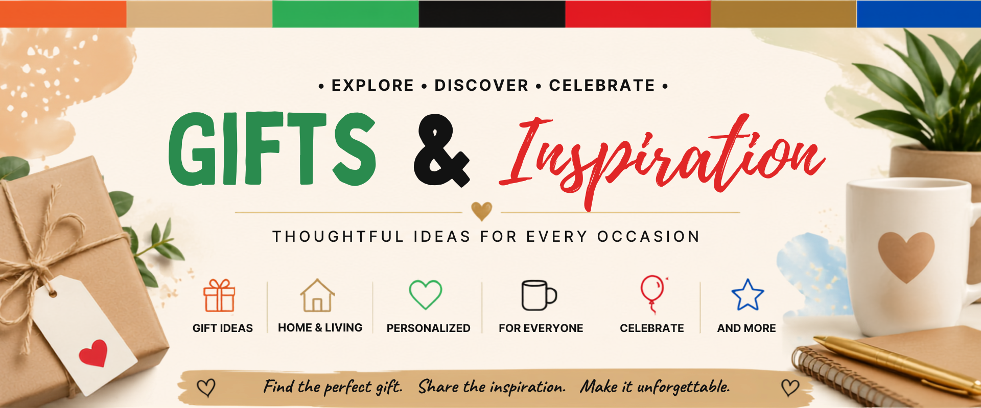 Gift ideas and inspiration banner featuring personalized gifts, seasonal ideas, and creative inspiration from Dianna studio.