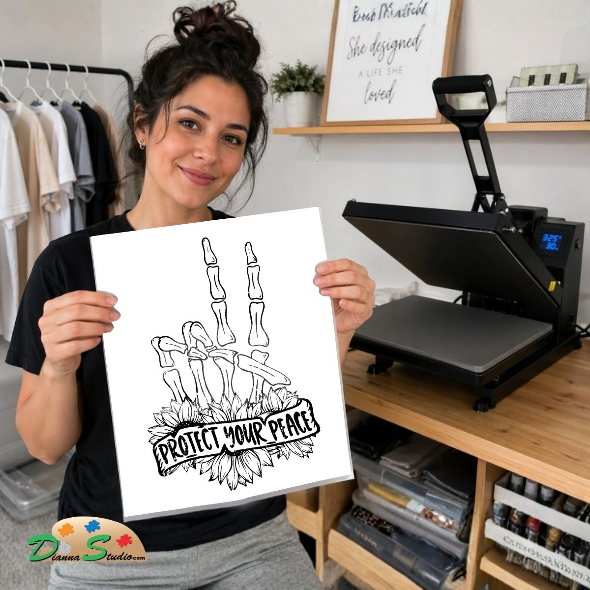 A woman holds up a white square print featuring a black line art design of skeleton fingers with flowers and the text 'PROTECT YOUR PEACE'. Behind her is a craft room setting with a heat press machine on a wooden desk and clothing racks.