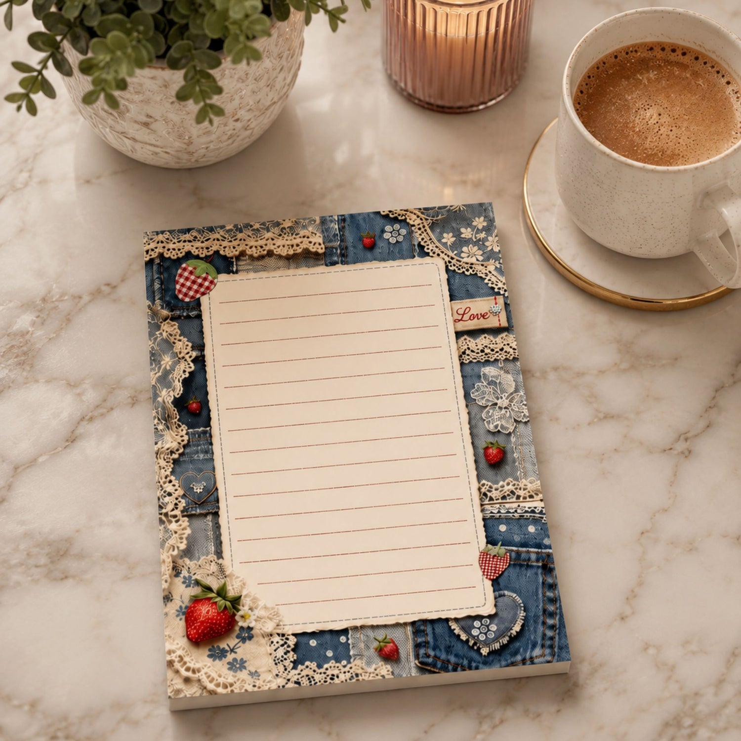 Decorative notepad with lace and strawberry designs on a marble surface with a cup of coffee and plant.
