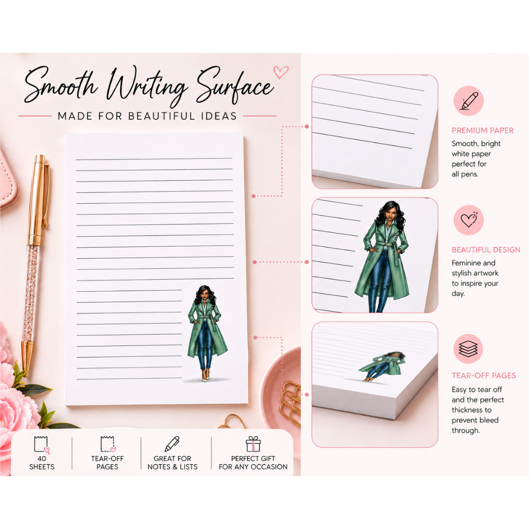 Notebook with illustrated pages and promotional text on a white background
