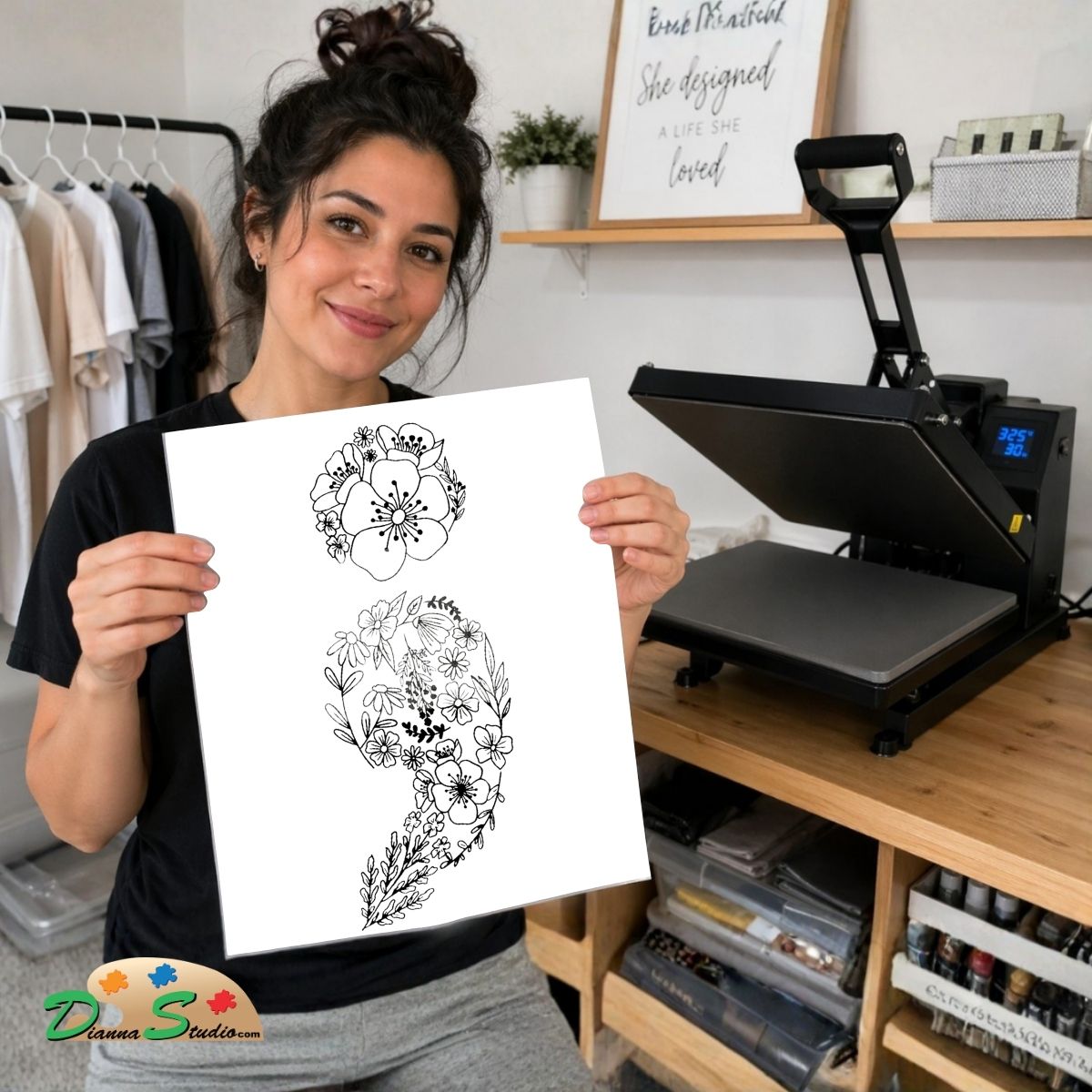 A woman holds up a white transfer sheet featuring a black floral question mark design, with a black heat press machine on a wooden desk in the background. Represents Suicide prevention.