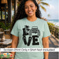 A smiling woman stands outdoors at a beachside cafe wearing a mint green graphic t-shirt with a black 'LOVE' design featuring palm trees, flip-flops, and a Jeep. A white banner at the bottom reads 'Screen Print Only • Shirt Not Included' with the 'DiannaStudio logo in the corner.