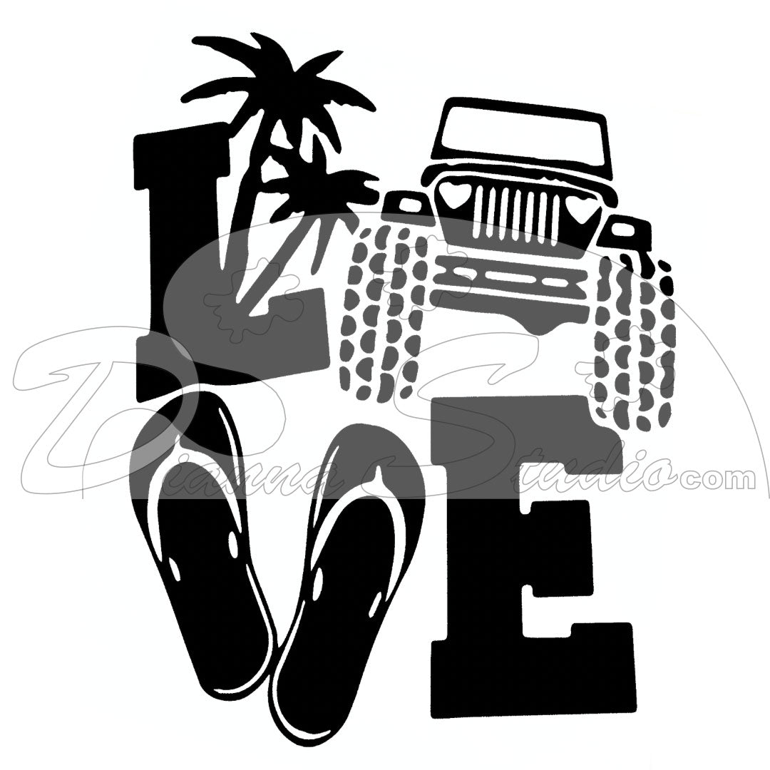 Love spelled with Palm Tree, Flip Flop and Jeep in black screen print