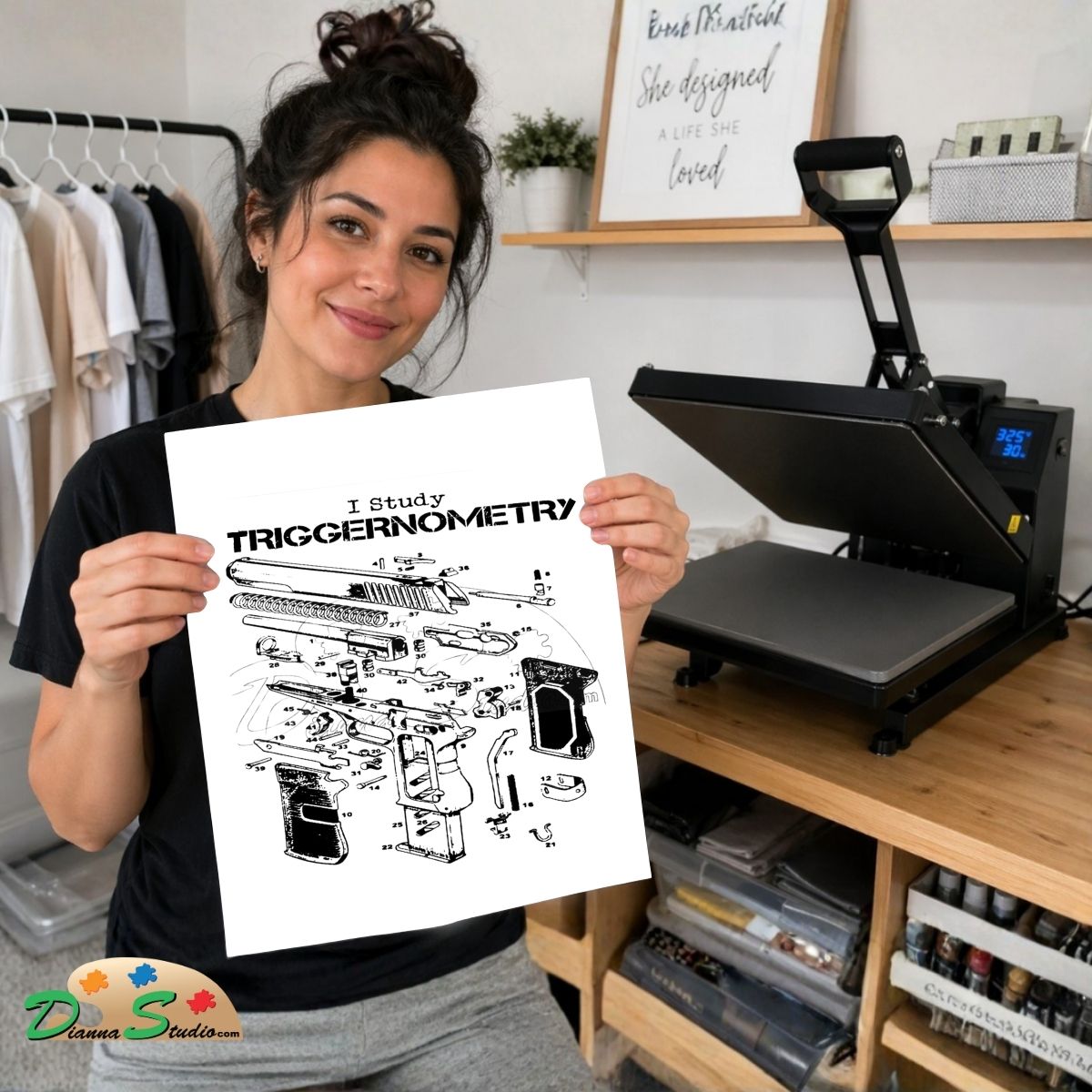 A woman holds up a white graphic print featuring a black line art exploded view of a gun with the text 'I Study TRIGGERONOMETRY' in a craft room setting with a heat press machine in the background.