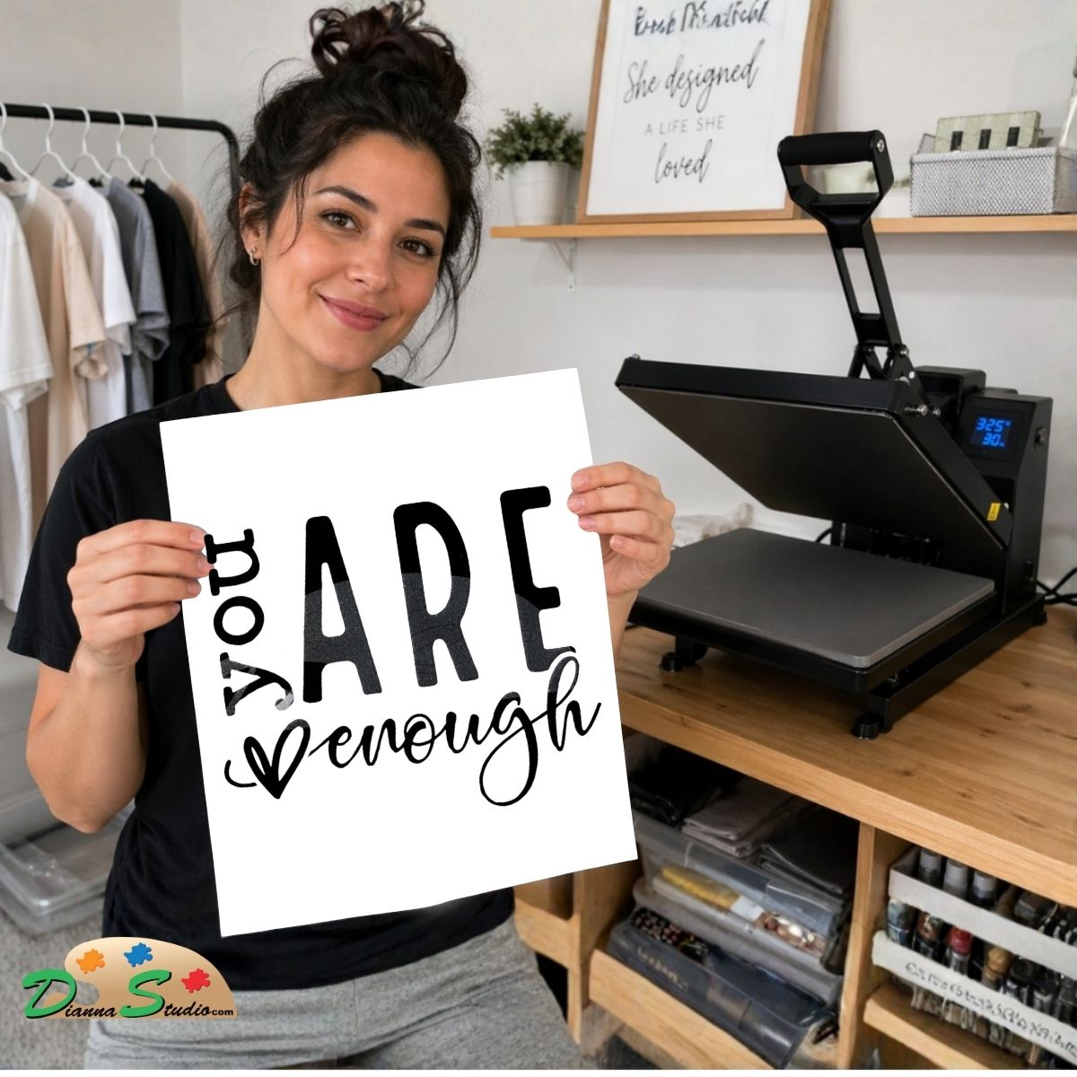 A woman holds up a white square print with the text 'you ARE enough' in black lettering, standing in a craft room next to a heat press machine. The background shows shelves with supplies and a framed sign.