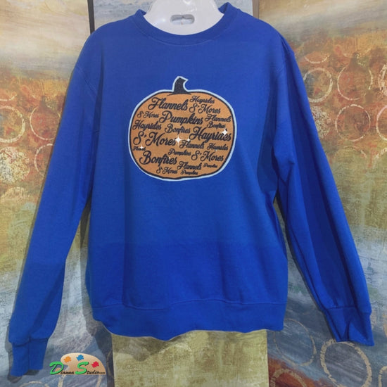 full length of royal blue sweatshirt glitter pumpkin design