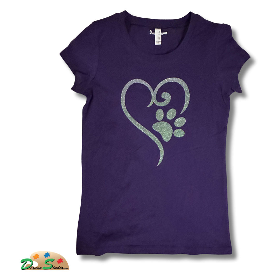 Silver glitter heart and dog paw on purple shirt