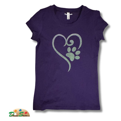 Silver glitter heart and dog paw on purple shirt