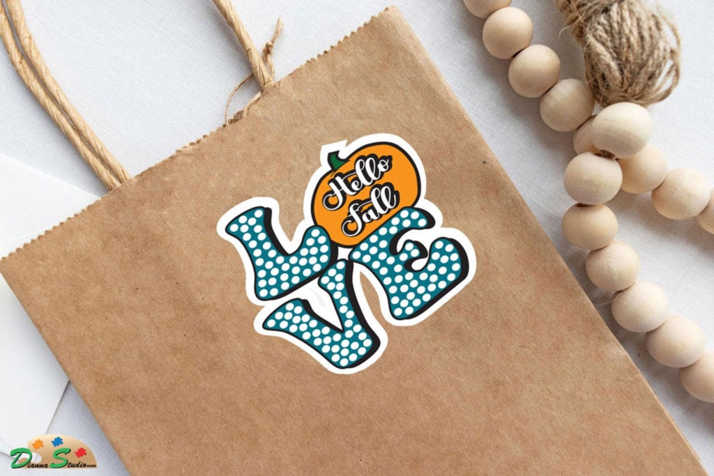 Hello Fall Love Sticker with a orange pumpkin,  turquoise, white poka dots die cut sticker