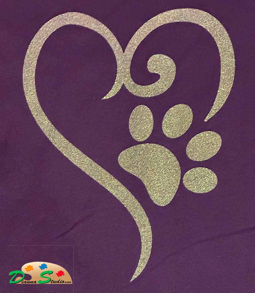 Silver glitter heart and dog paw on purple shirt