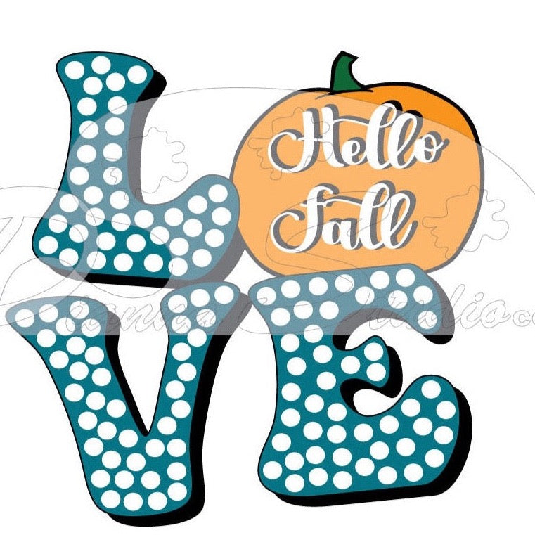 Hello Fall Love on a orange pumpkin and turquoise, white poka dots sticker