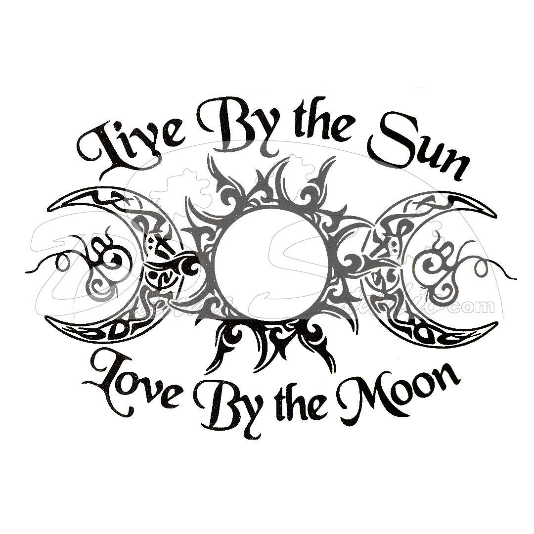 Live by the sun love by the moon, symbols black screen print