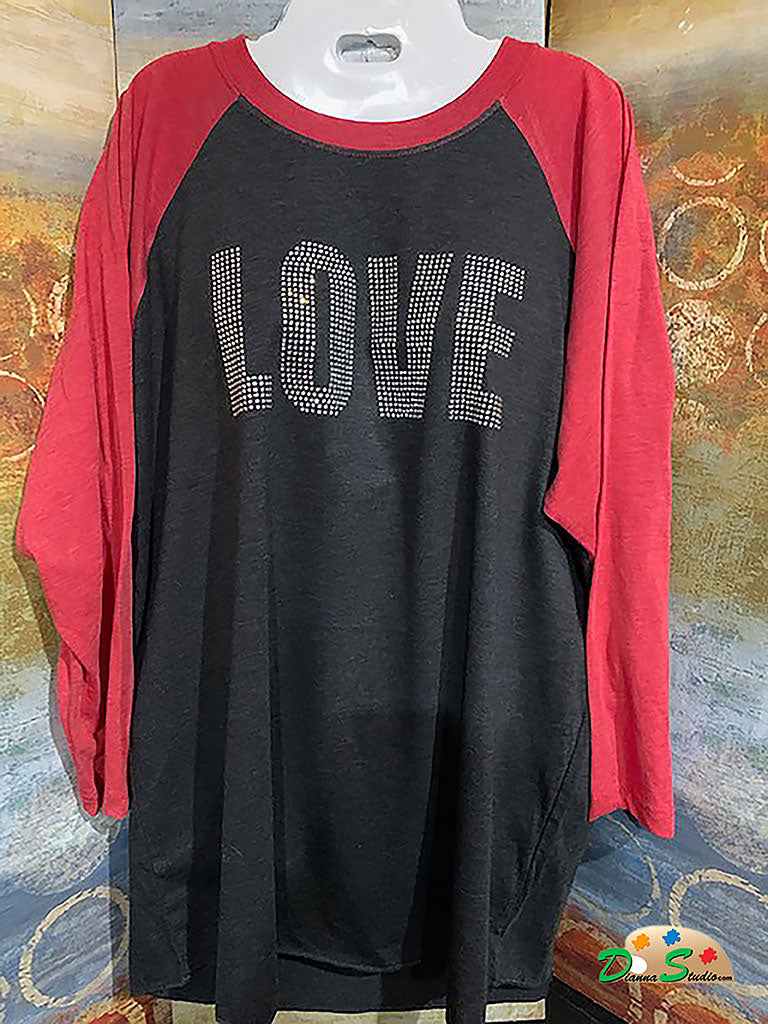 black and red rhinestones Love tshirt for valentines day